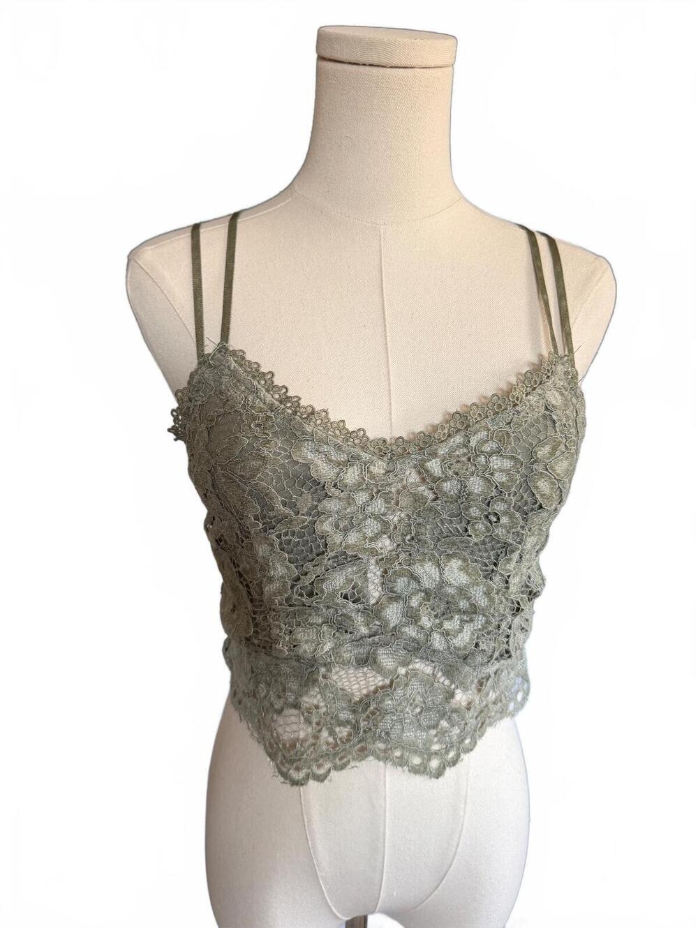 Willow & Root Olive Green Lace Crop Top with Adjustable Straps, Size Large